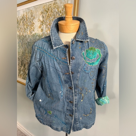 Vintage Jackets & Blazers - Vintage TanJay Petites Embellished Denim Jacket – Artsy Floral – 90s Boho